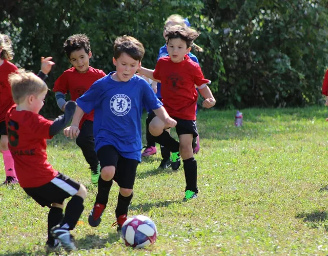 Children playing soccer on a grass field