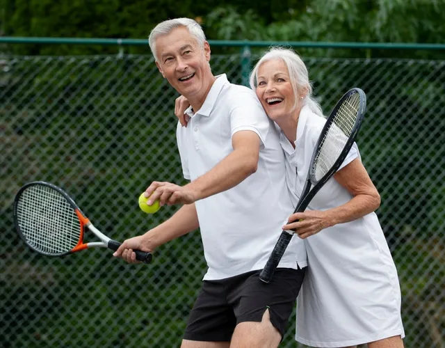 An older couple smiling on a tennis court with rackets
